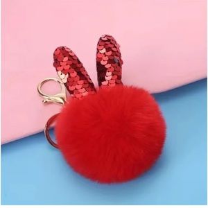 🛍️ Kawaii Fuzzy Soft Glittery Sequin Red Bunny Rabbit Ears Keychain Bag Charm